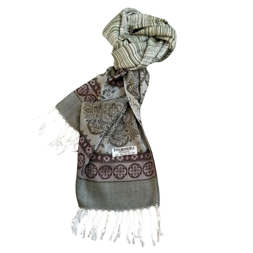 Whimsygoth Boho Pashmina Paisley Shawl Olive Brown Oversized Fringe Scarf 72"
